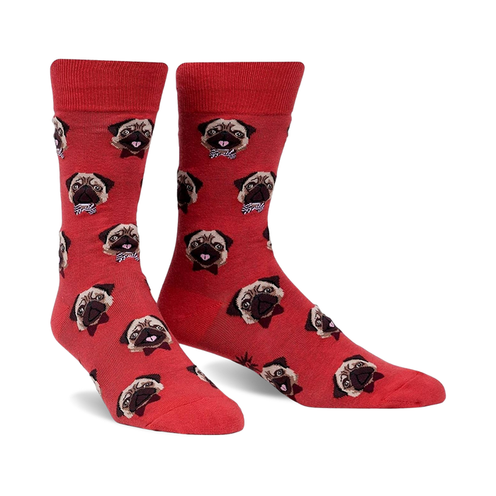 mens red crew socks with pattern of pugs wearing bow ties   }}