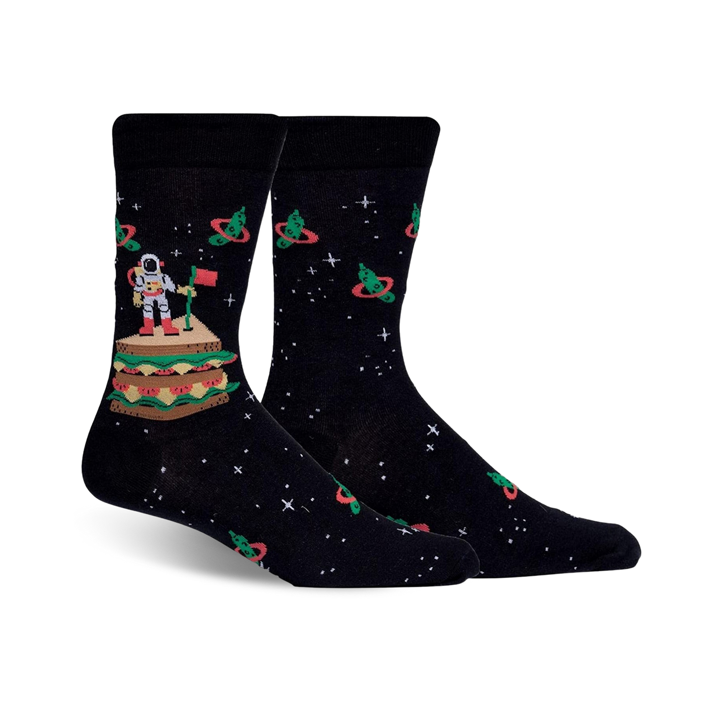 Pair of black crew socks with an astronaut on a sandwich in space, surrounded by orbiting pickles.  Red, green, and white details against a dark background.