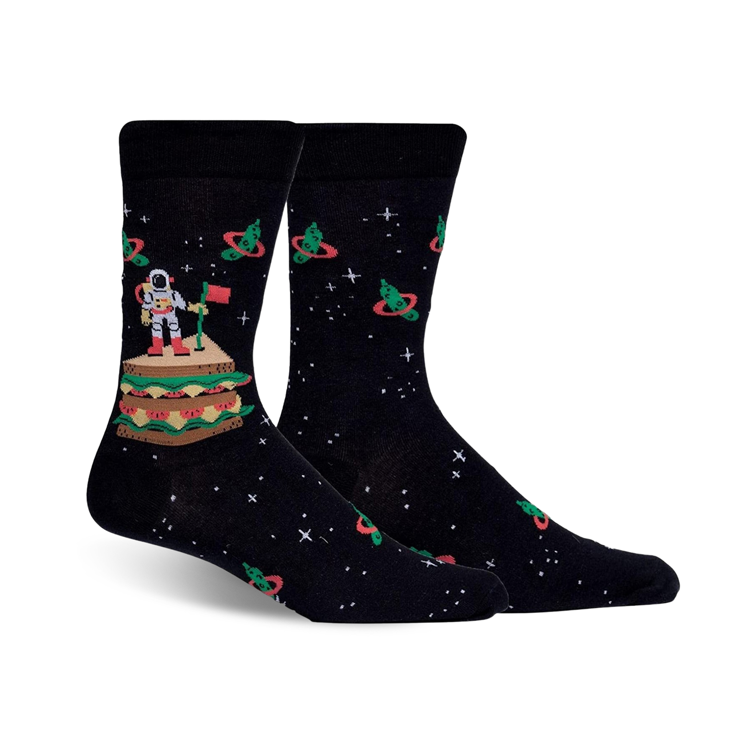 Pair of black crew socks with an astronaut on a sandwich in space, surrounded by orbiting pickles.  Red, green, and white details against a dark background.
