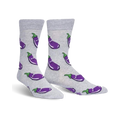 Pair of grey crew socks with a repeating pattern of smiling purple eggplants. Fun and quirky design.