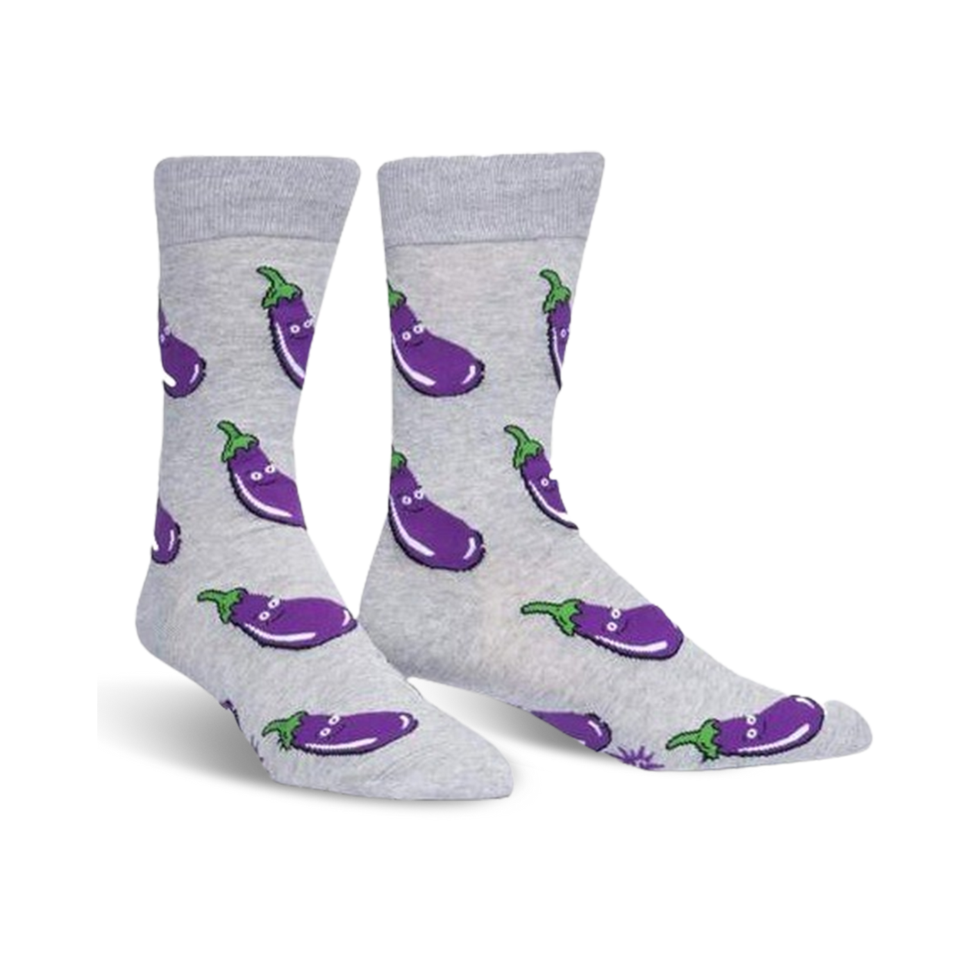 Pair of grey crew socks with a repeating pattern of smiling purple eggplants. Fun and quirky design.