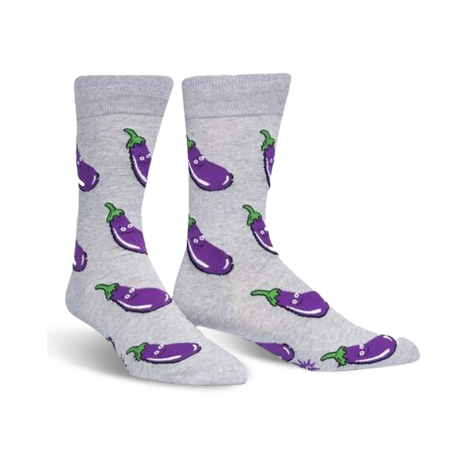 Pair of grey crew socks with a repeating pattern of smiling purple eggplants. Fun and quirky design.