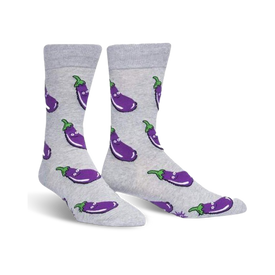 purple eggplant crew socks with smiley faces for men.   