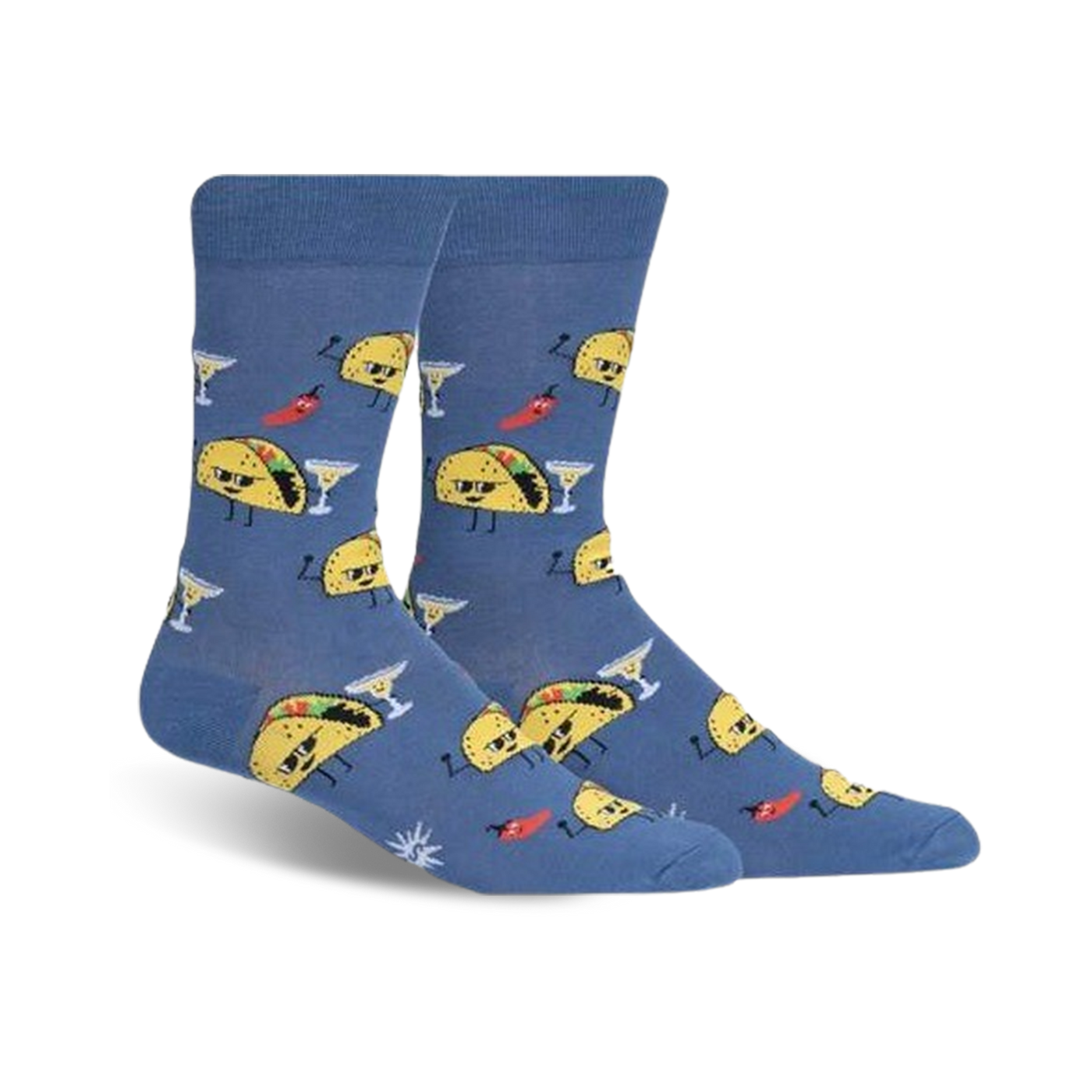 A pair of crew socks in blue featuring fun illustrations of tacos with sunglasses, margaritas, and chili peppers.