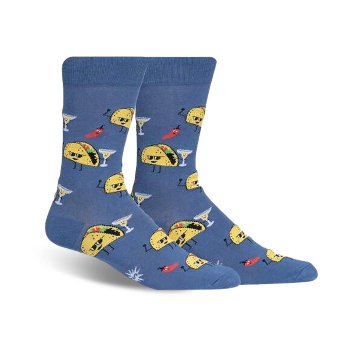 A pair of crew socks in blue featuring fun illustrations of tacos with sunglasses, margaritas, and chili peppers.