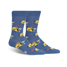 blue crew socks featuring tacos, margaritas, and chili peppers with faces and patterns.  