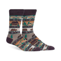 Cabin Life crew socks in brown, tan, and green. Design includes a log cabin, bears, ducks, and woodland scenes.
