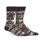 Cabin Life crew socks in brown, tan, and green. Design includes a log cabin, bears, ducks, and woodland scenes.