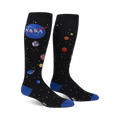 Pair of black knee-high socks with a colorful solar system design, NASA logo, and blue cuffs.