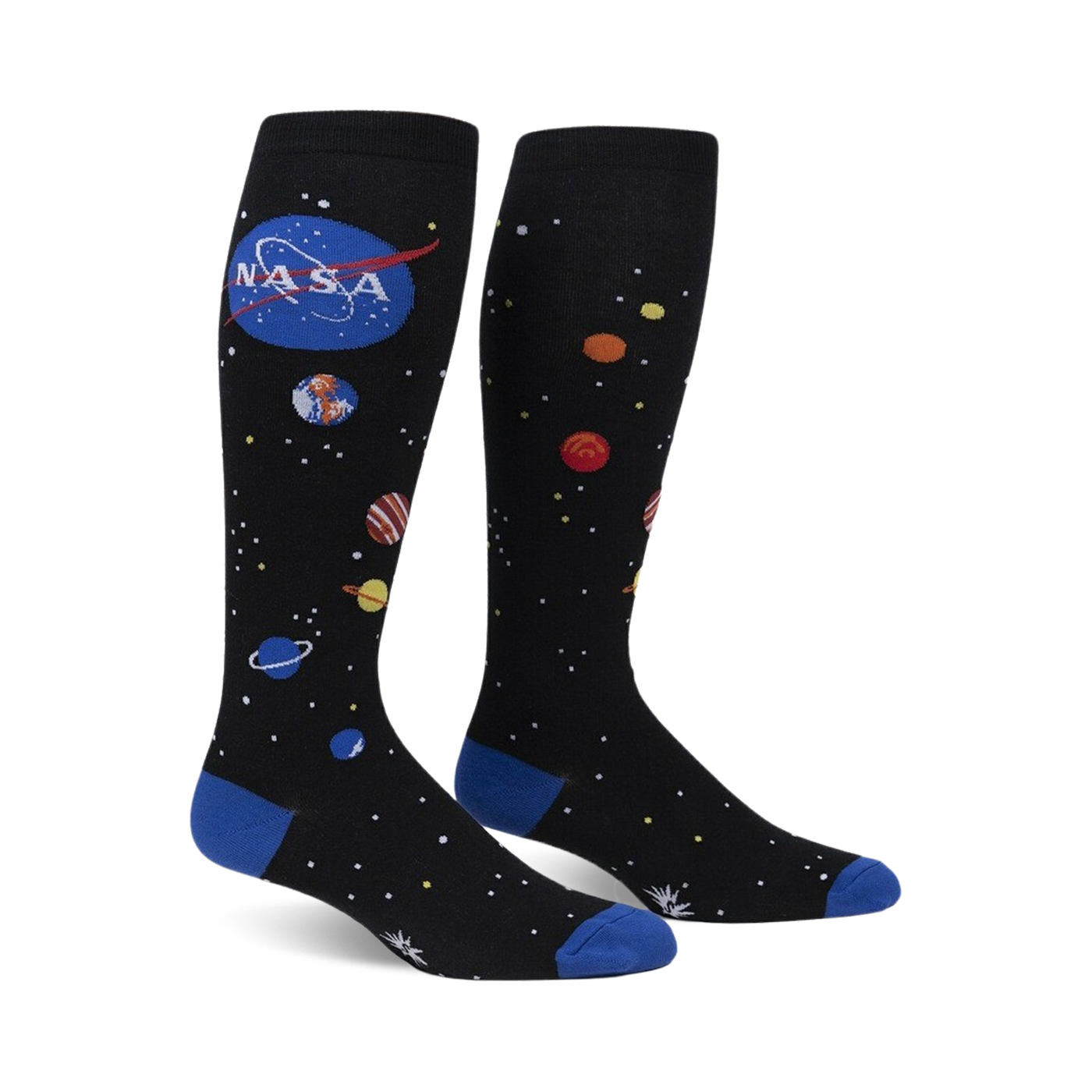 Pair of black knee-high socks with a colorful solar system design, NASA logo, and blue cuffs.