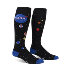 Pair of black knee-high socks with a colorful solar system design, NASA logo, and blue cuffs.