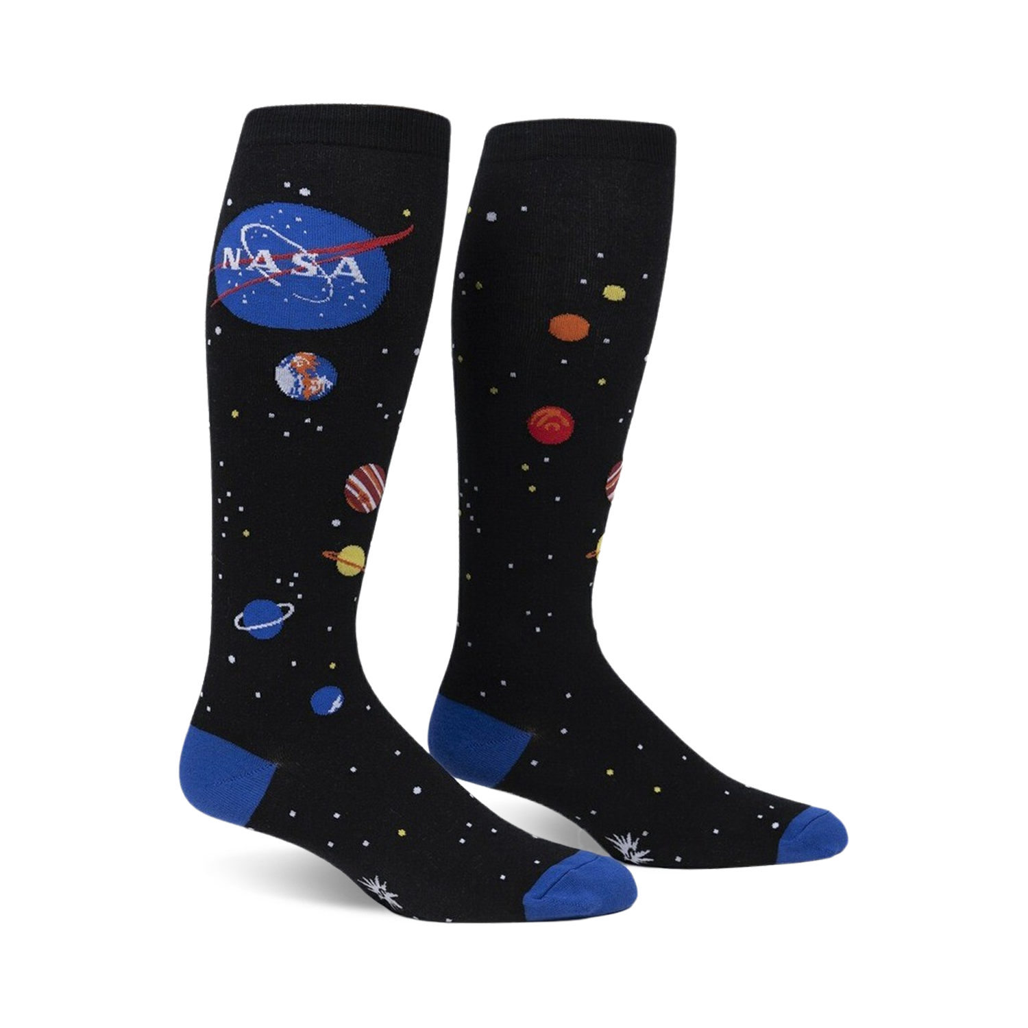 Pair of black knee-high socks with a colorful solar system design, NASA logo, and blue cuffs.