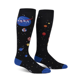 black knee-high socks display nasa logo, planets, and starsâ€”fun space themed socks for unisex.  