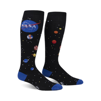 solar system space themed mens & womens unisex black novelty knee high^wide calf socks