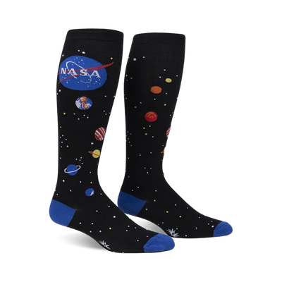 black knee-high socks display nasa logo, planets, and starsâ€”fun space themed socks for unisex.  