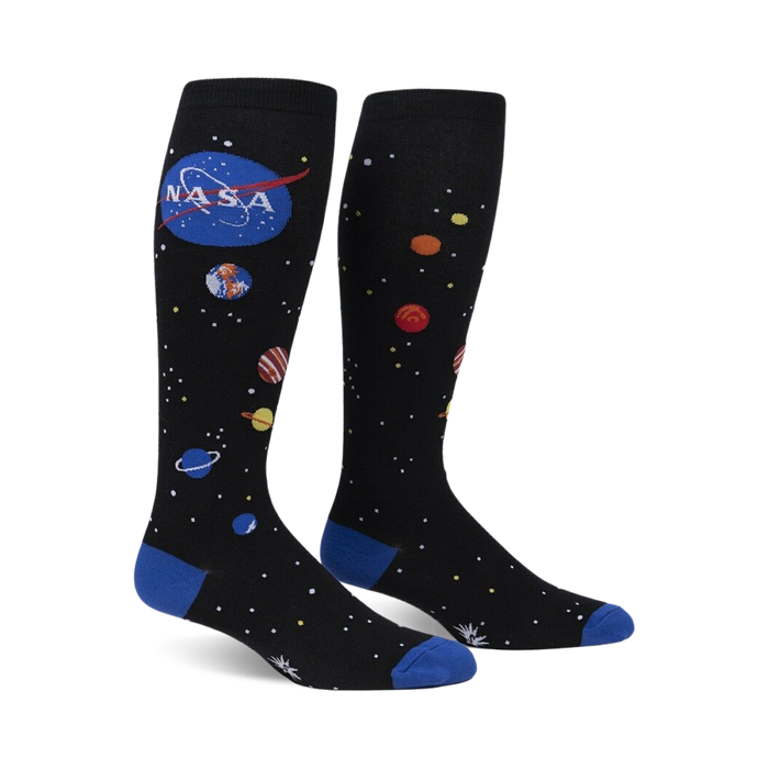 black knee-high socks display nasa logo, planets, and starsâ€”fun space themed socks for unisex.  