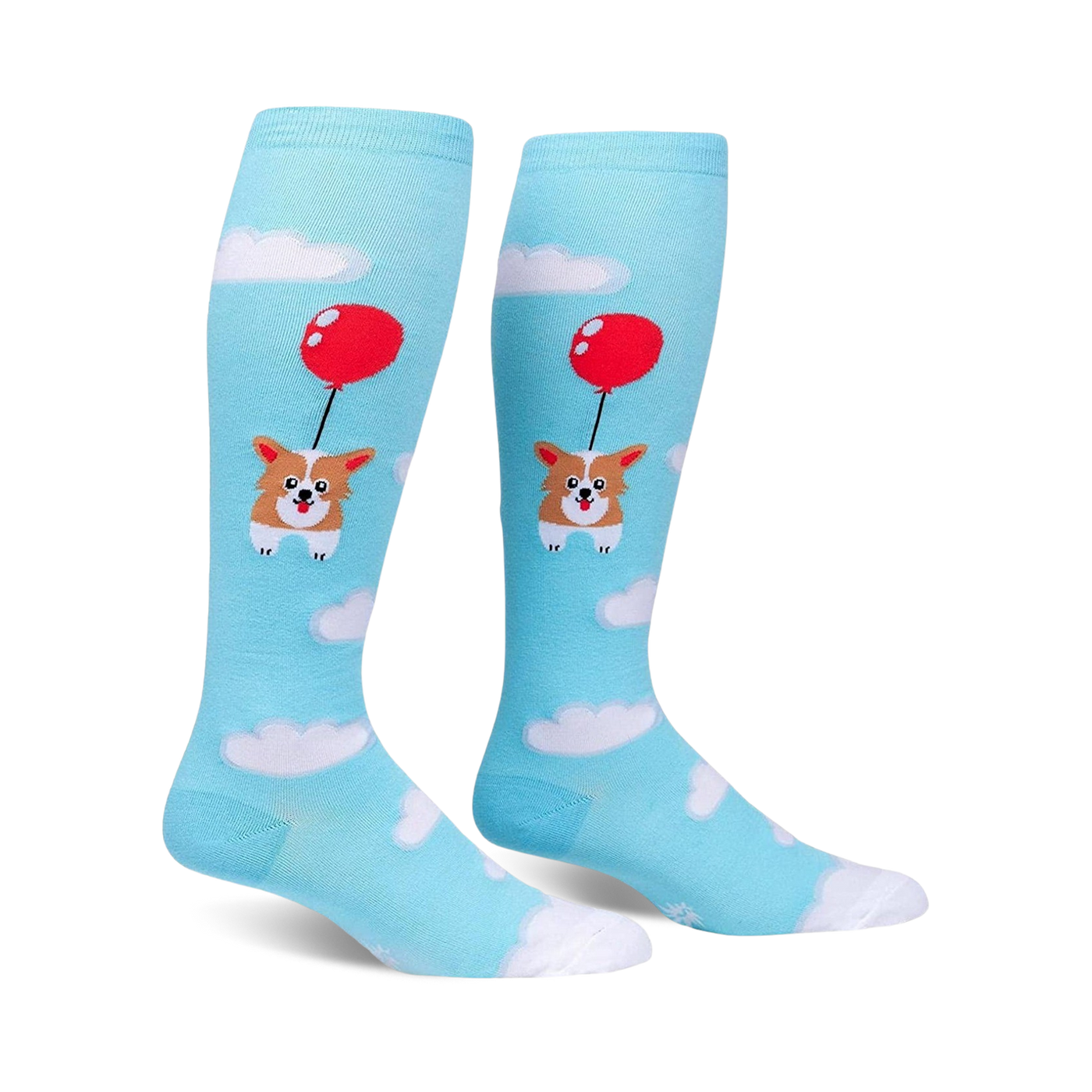 Pair of light blue knee-high socks.  Features a cute corgi dog attached to a red balloon floating amongst white clouds.