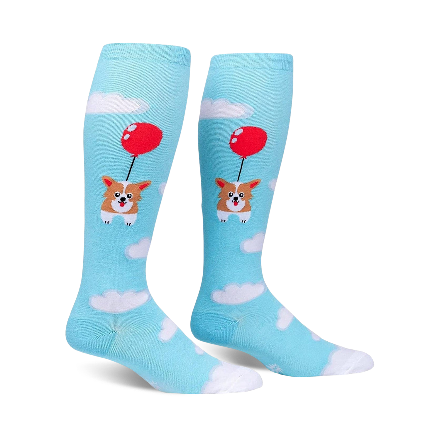 Pair of light blue knee-high socks.  Features a cute corgi dog attached to a red balloon floating amongst white clouds.
