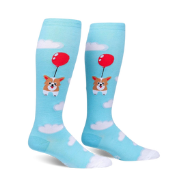 corgi dog themed knee high socks for women with clouds, balloons and confetti design.  