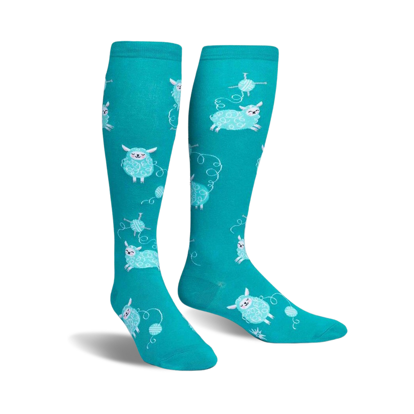 Pair of teal knee-high socks with a pattern of light blue sheep holding yarn balls.