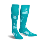 Pair of teal knee-high socks with a pattern of light blue sheep holding yarn balls.