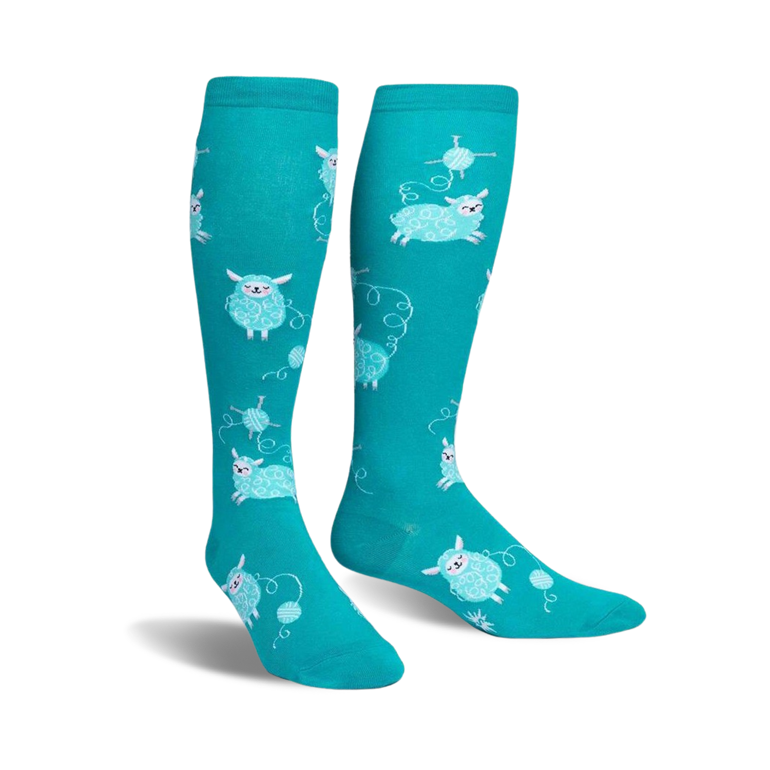 Pair of teal knee-high socks with a pattern of light blue sheep holding yarn balls.