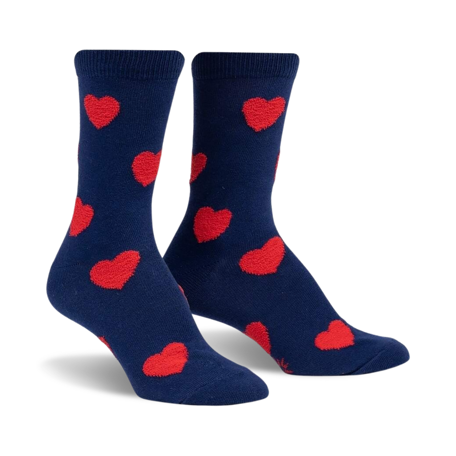 Pair of crew socks; navy blue with red fuzzy hearts, shown from the side and slightly angled.