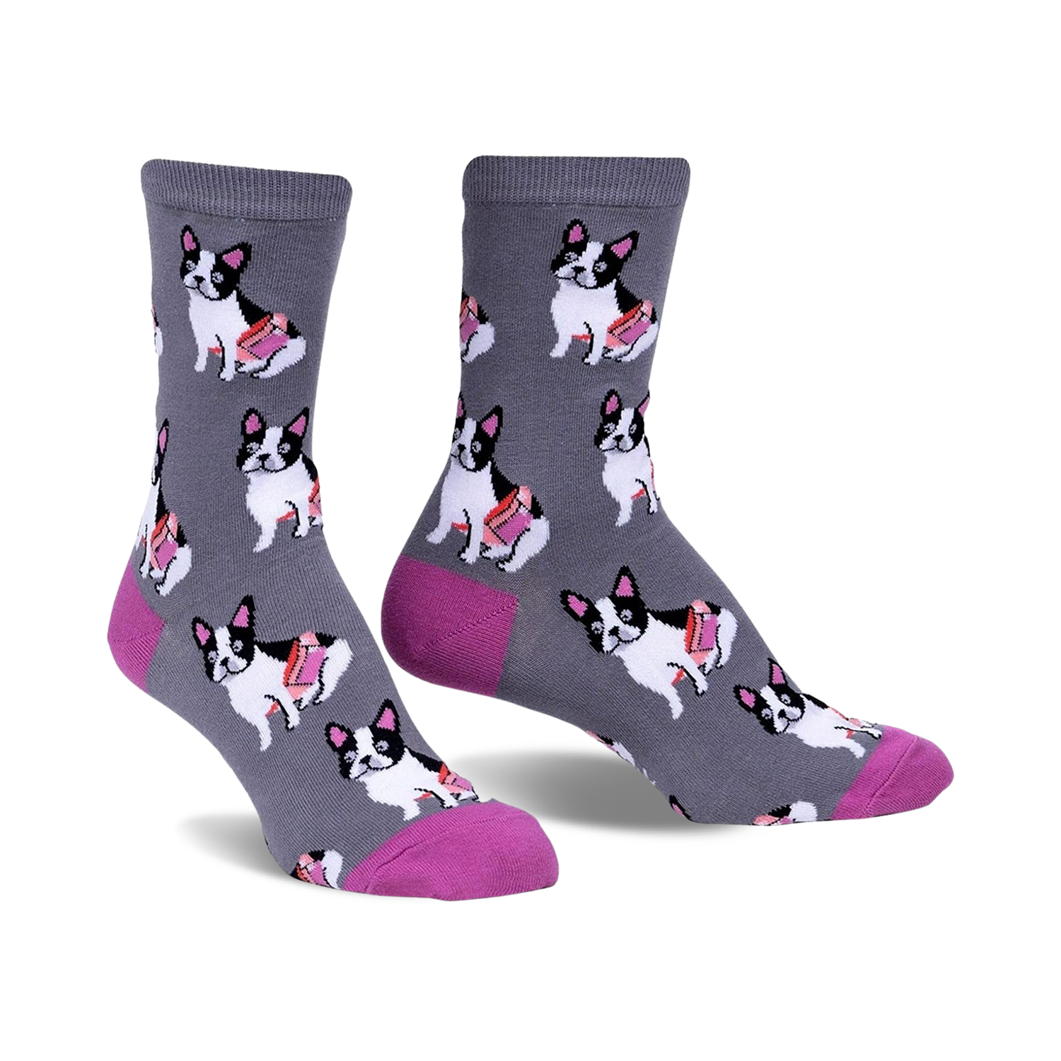 Gray crew socks with a repeating pattern of black and white French Bulldogs carrying pink treats.  The socks have a fuchsia-colored heel and toe.
