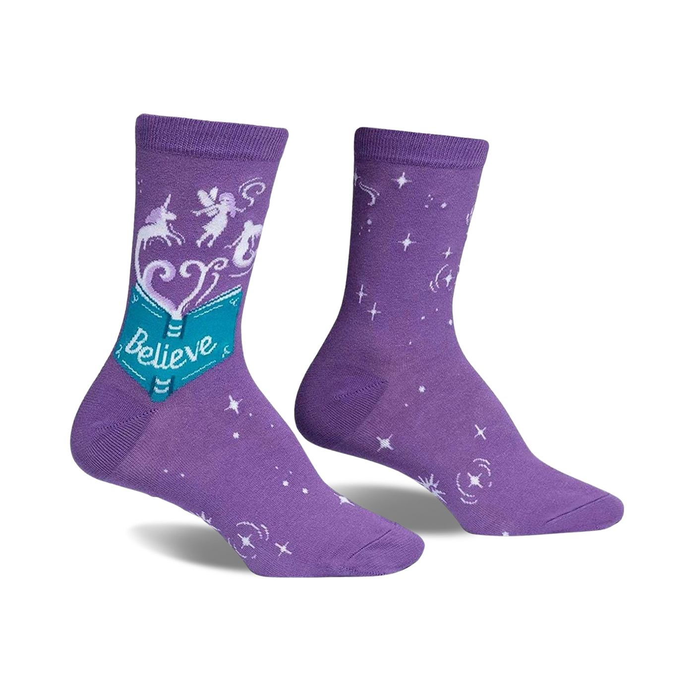 Purple crew socks with a whimsical design. Features a teal book with 'Believe', unicorns, fairies, and white stars.