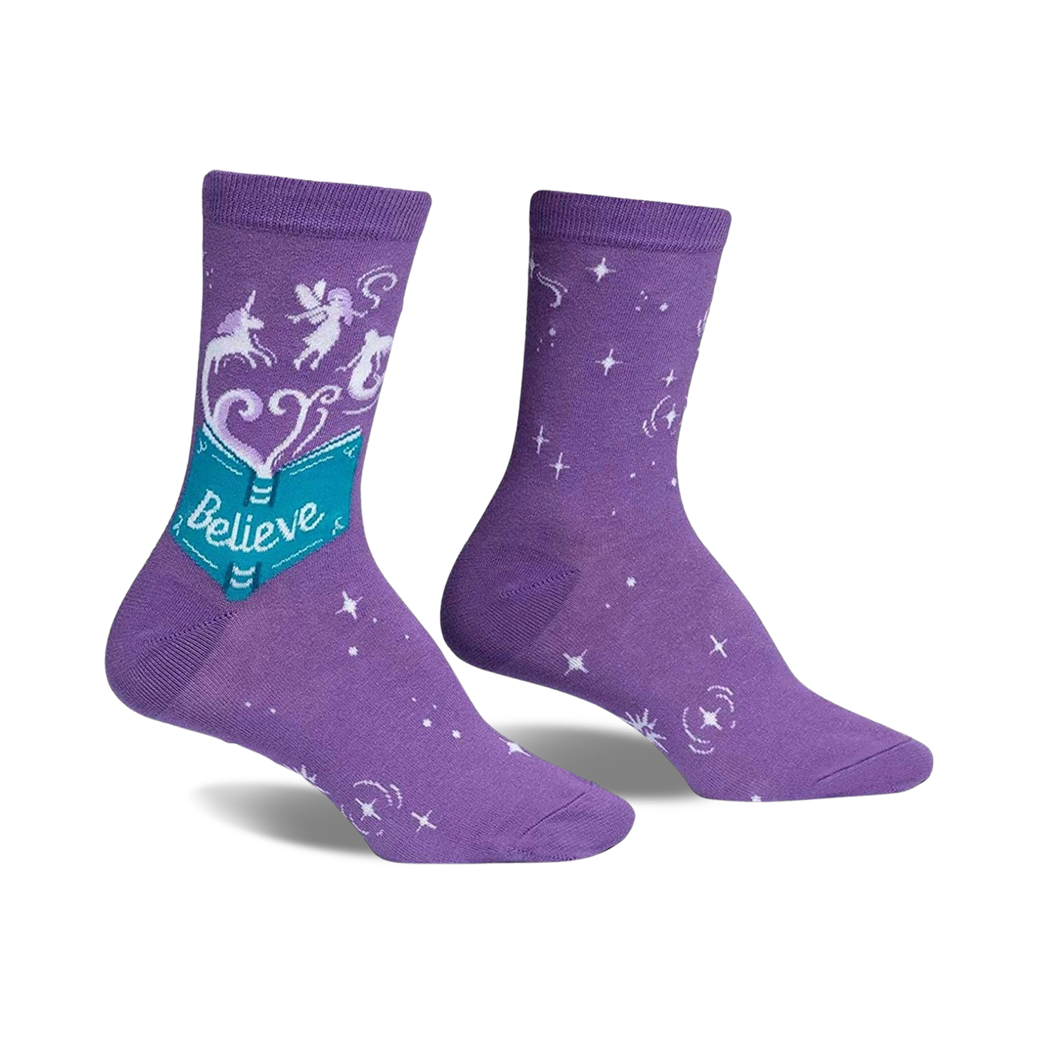 Purple crew socks with a whimsical design. Features a teal book with 'Believe', unicorns, fairies, and white stars.