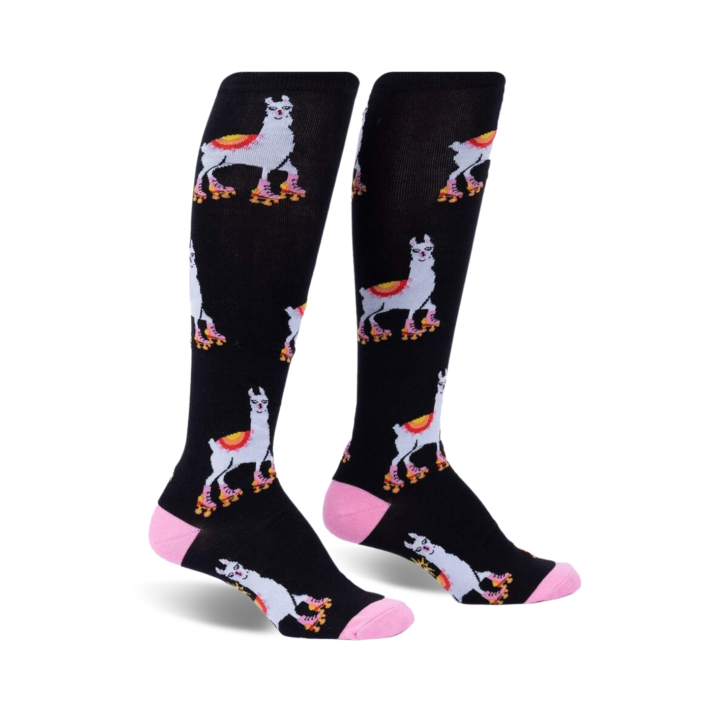 Pair of black knee-high socks with a repeating pattern of llamas wearing roller skates.  Accented with pink at the cuffs.