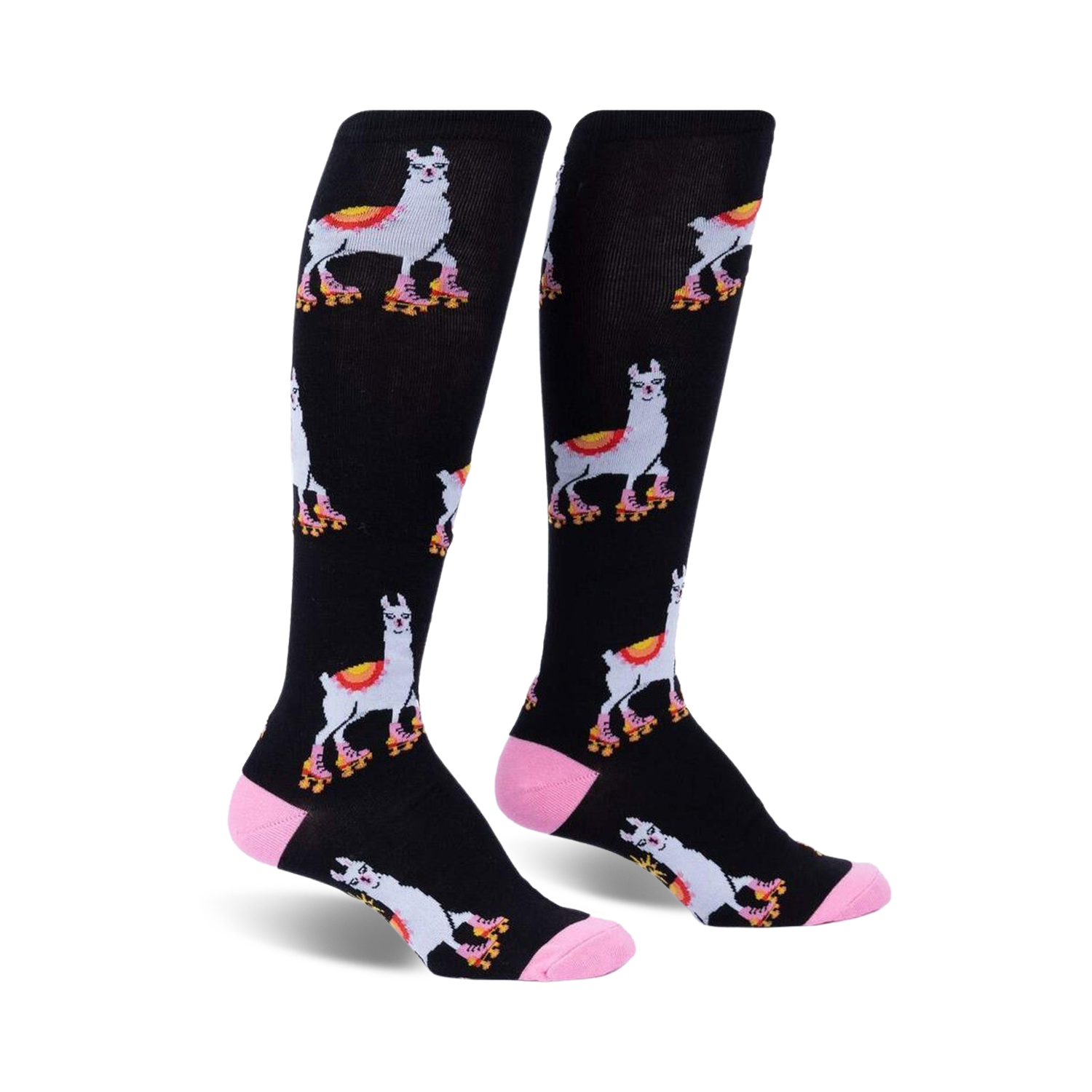 Pair of black knee-high socks with a repeating pattern of llamas wearing roller skates.  Accented with pink at the cuffs.