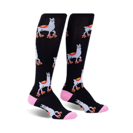 black knee-high socks for women featuring a pattern of white llamas roller-skating in pink and yellow.   