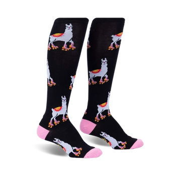 black knee-high socks for women featuring a pattern of white llamas roller-skating in pink and yellow.   