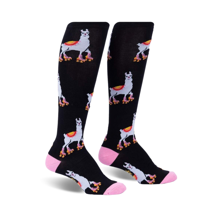 black knee-high socks for women featuring a pattern of white llamas roller-skating in pink and yellow.   