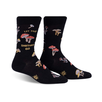 black crew socks with mushroom graphics and "let that shiitake go" text.  