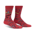 Pair of red crew socks featuring a hammer, nails, and the phrase 'Nailed It.'  Fun, quirky design.