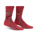 Pair of red crew socks featuring a hammer, nails, and the phrase 'Nailed It.'  Fun, quirky design.
