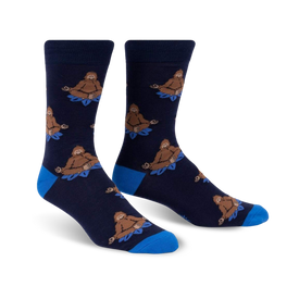 meditating bigfoot bigfoot themed mens blue novelty crew socks