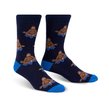 meditating bigfoot bigfoot themed mens blue novelty crew socks