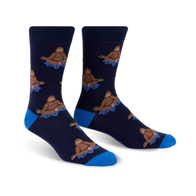 mens crew socks, meditating bigfoot pattern, blue, brown  