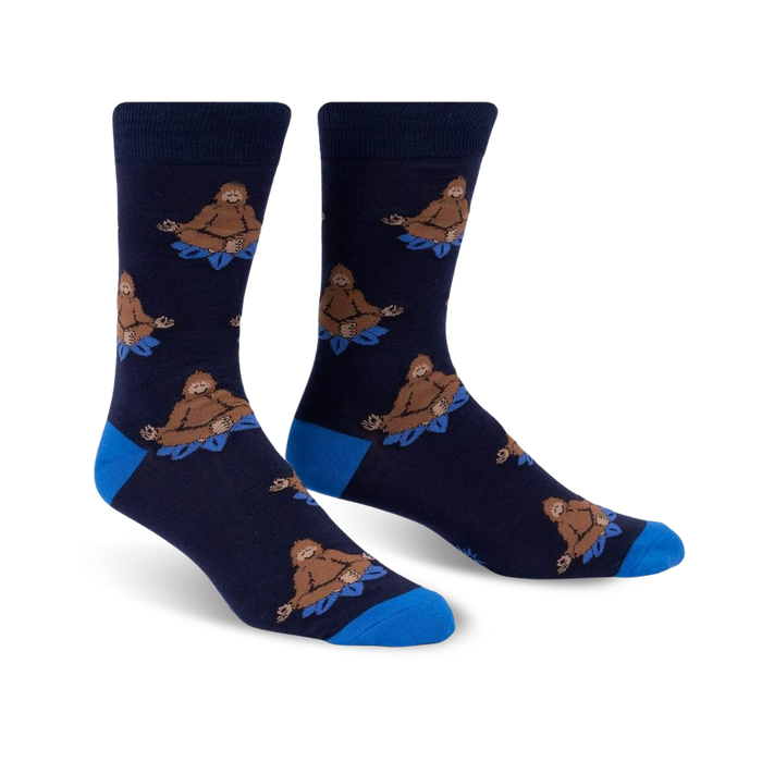 mens crew socks, meditating bigfoot pattern, blue, brown  