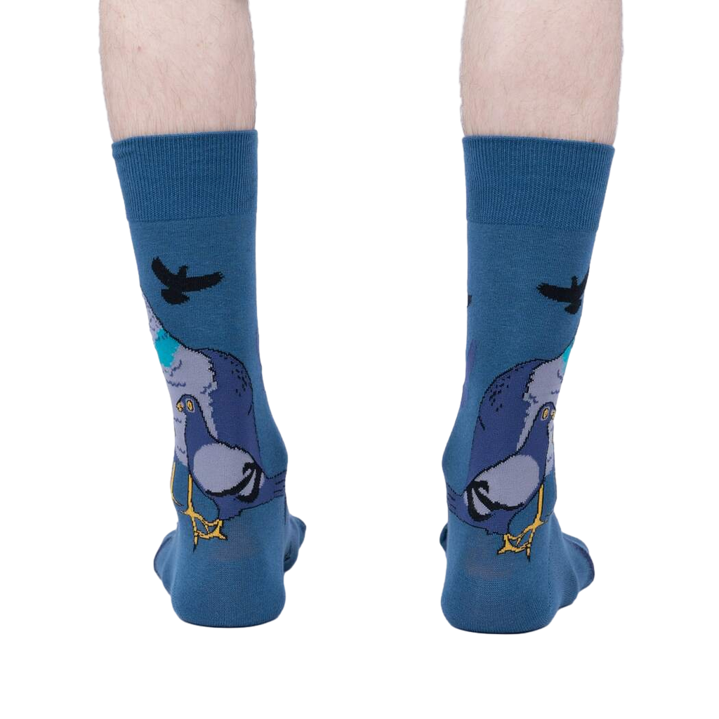 Rear view of the So Fly So Coo socks on a person's legs, highlighting the design on the back of the socks.