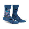 Pair of blue crew socks featuring a whimsical illustration of pigeons in various poses. 