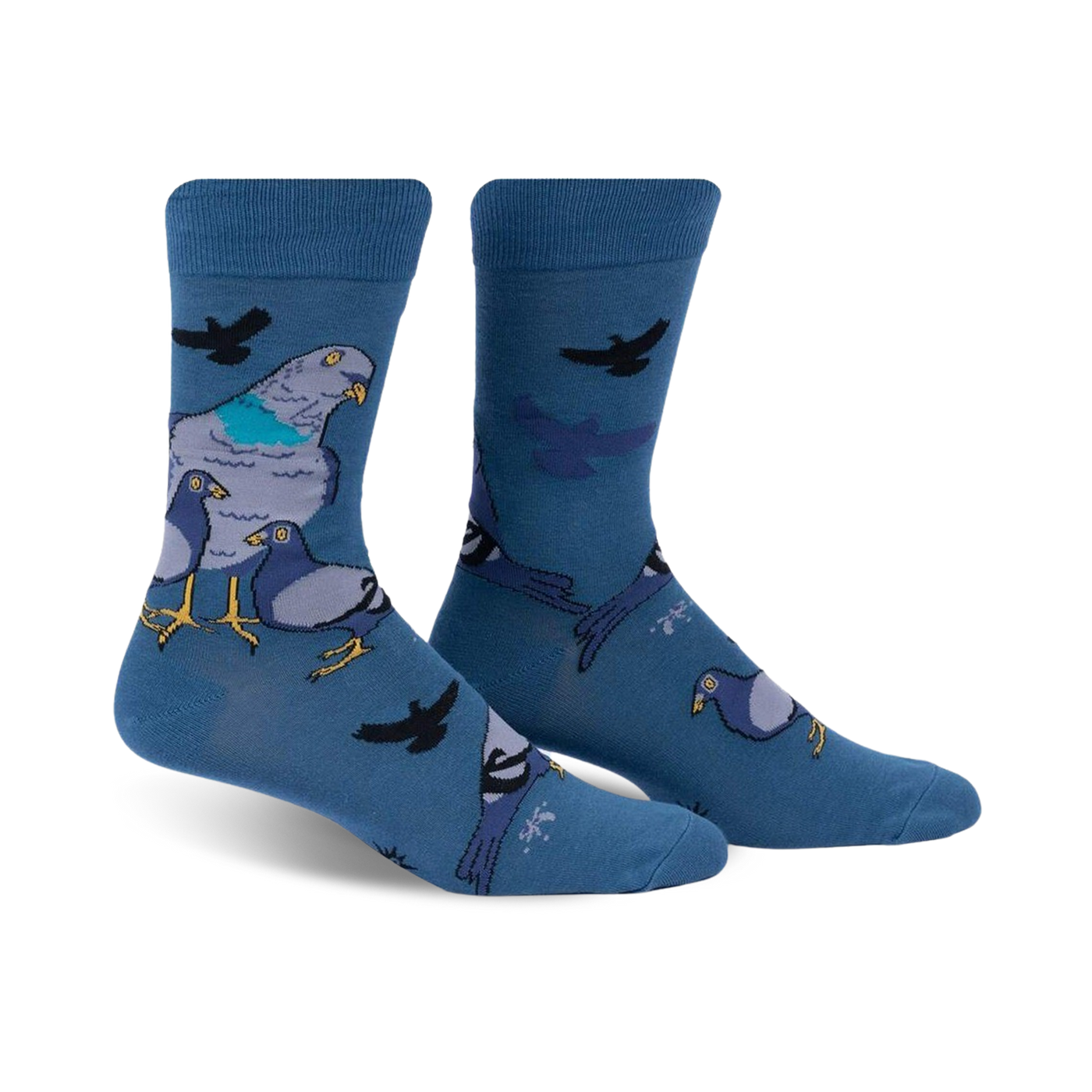 Pair of blue crew socks featuring a whimsical illustration of pigeons in various poses. 