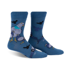 Pair of blue crew socks featuring a whimsical illustration of pigeons in various poses. 