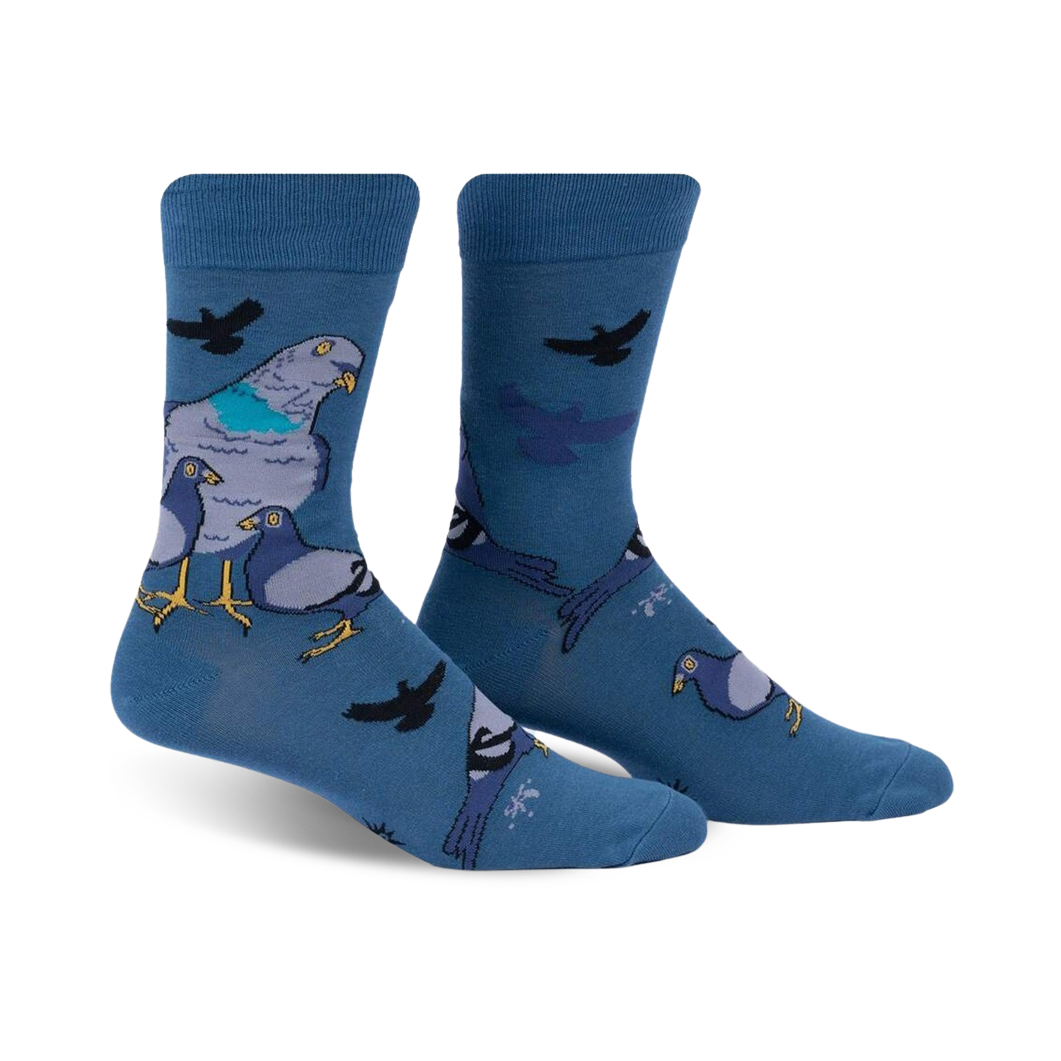 Pair of blue crew socks featuring a whimsical illustration of pigeons in various poses. 