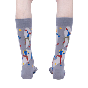 Rear view of a pair of gray Sock Climbing socks on a person's legs, highlighting the sock's full design.