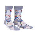 A pair of gray crew socks with a repeating pattern of illustrated rock climbers in red, blue, and yellow. 