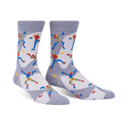 A pair of gray crew socks with a repeating pattern of illustrated rock climbers in red, blue, and yellow. 
